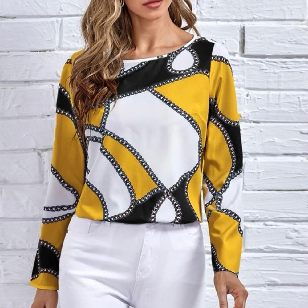Chain Print Yellow & Black Color Block Blouse